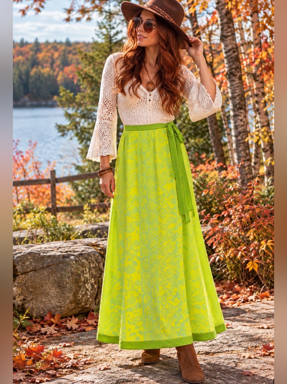 Vintage 1970s Handmade Maxi Wrap Skirt – Retro Lime Green Floral & Paisley